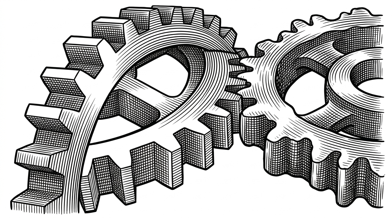 A close-up of two mechanical gears. One gear is perfectly machined with sharp, orthogonal teeth. The other gear has slightly rounded, imprecise teeth.