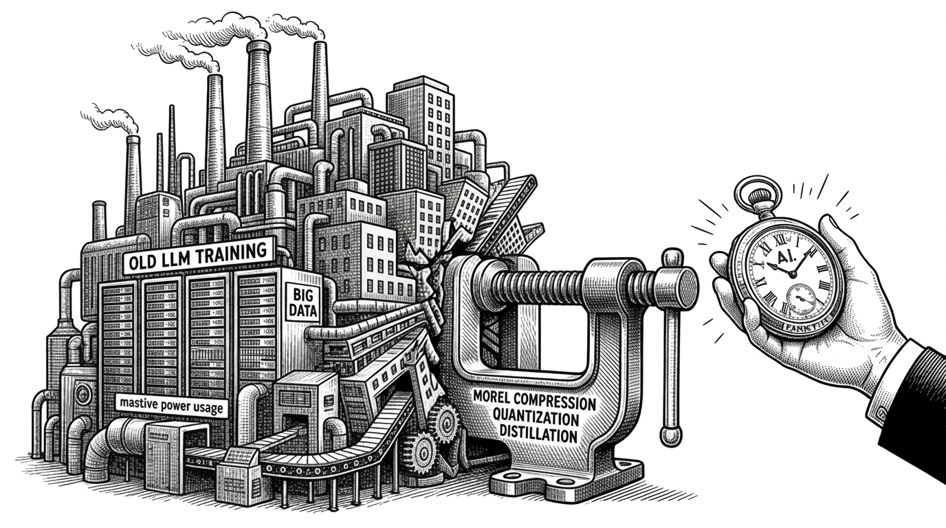 A sprawling industrial factory being squeezed by a mechanical vise into a small pocket watch, representing the compression of LLM training complexity.