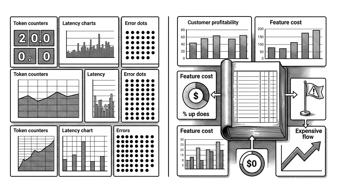 The left side shows a generic dashboard with token counts, latency charts, and red error dots. The right side shows a margin dashboard with customer profitability, feature cost, and a clear red flag on an expensive flow. The image explains why the project shifts the conversation from system health to business outcome.
