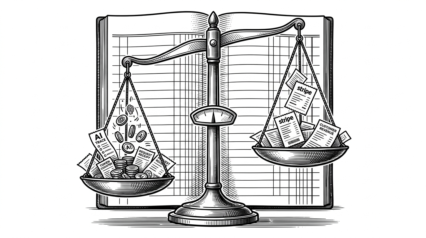 A large balance scale sits at the center of a ledger. On one side, streams of AI traces and token counters fall into a cost column, while on the other side Stripe receipts and revenue slips gather into a matching column. The image explains that this project treats observability as a profitability problem, not just a debugging problem.