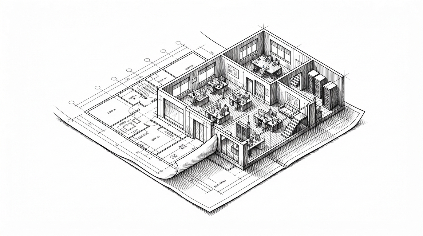 A blueprint sheet floats above a white background while room lines rise into a small 3D office volume. The same geometry reads as both plan and building, showing how one data source can become both visualization and proof.