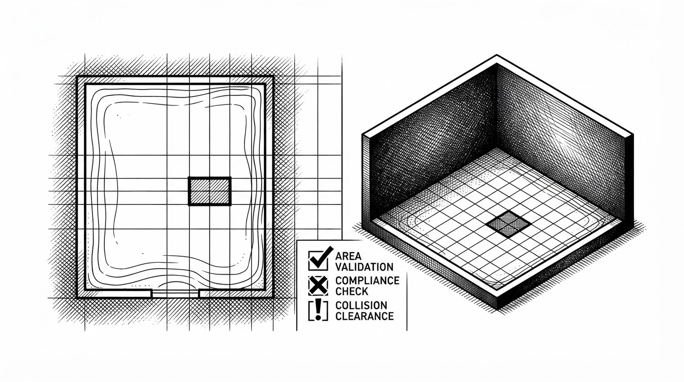 A room rectangle on a plan is checked against a rising wall extrusion. A narrow checklist beside it shows area validation, compliance check, and collision clearance, emphasizing that the same geometry is being measured and verified.