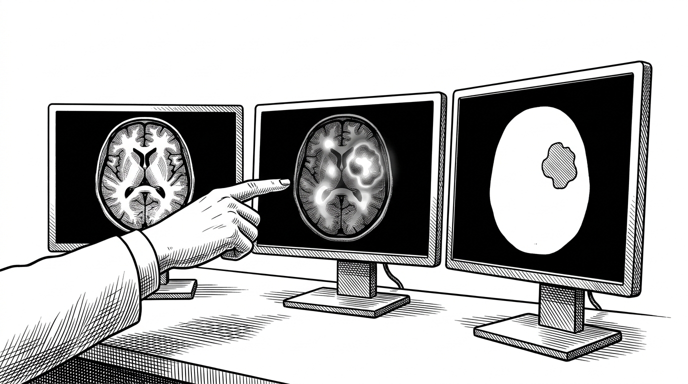 A clinical workstation with three monitors. One shows a brain MRI, one shows a tumor heatmap overlay, and one shows a segmented mask. A hand points across the screens in sequence, showing a verification loop from prediction to localization to explanation. The scene explains that the project is not just a classifier, but a trust workflow.