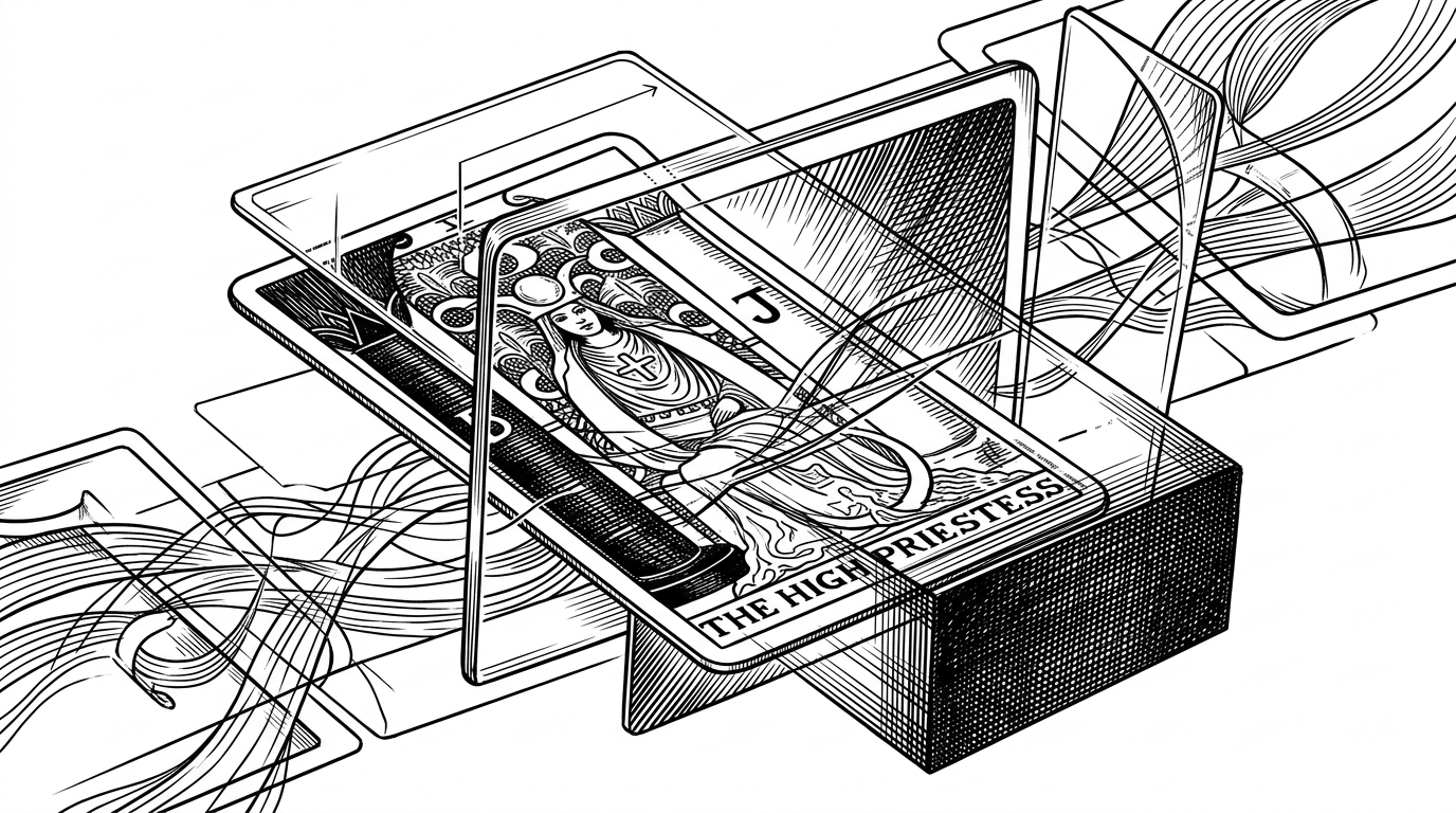 A close-up of a tarot card being interpreted through stacked transparent panels. The first panel shows upright meaning, the second adds reversal framing, and the third overlays relational forces from nearby cards before all layers resolve into one sentence. The image explains that meaning is built, not merely retrieved.