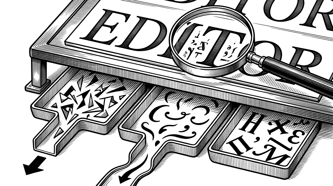 A close-up inspection bench shows a line of letters with tiny hidden marks between them. Small trays sort those marks into three destinations: strip, normalize, and preserve. A magnifying glass reveals the difference between a format character and a space character, explaining that the library classifies invisible codepoints before deciding how to treat them.
