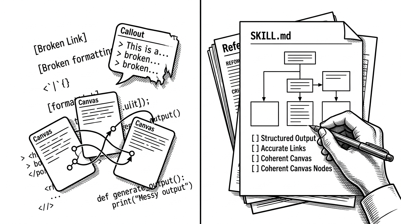 A split desk shows two approaches to the same task. On one side, broken Markdown spills from a generic model with malformed links, a damaged callout, and canvas nodes colliding into each other. On the other side, a clean `SKILL.md` page and reference sheets guide the pen into exact structure. The image explains why the repo focuses on validation and format-specific instruction instead of generic chat.