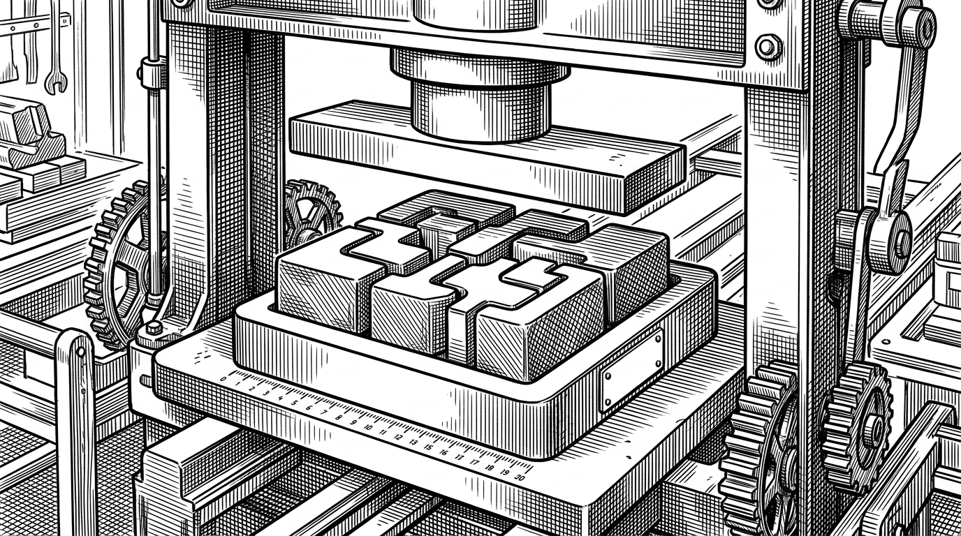 A wide workshop scene in black ink on white paper, where a metal press stamps several variant blocks into one compact mold beside a tiny byte ruler. It explains the article’s core idea: StructUnion treats memory layout as something you can see, not just something the runtime hides.