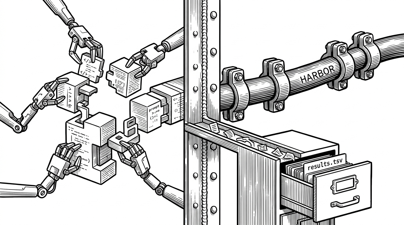 A close-up of a sealed harness chamber divided by a rigid metal seam. On the editable side, modular components are being rearranged, while the fixed side keeps a Harbor cable and reporting path untouched. Results move through a narrow channel into results.tsv, explaining how the meta-agent can change the harness without breaking the evaluation boundary.