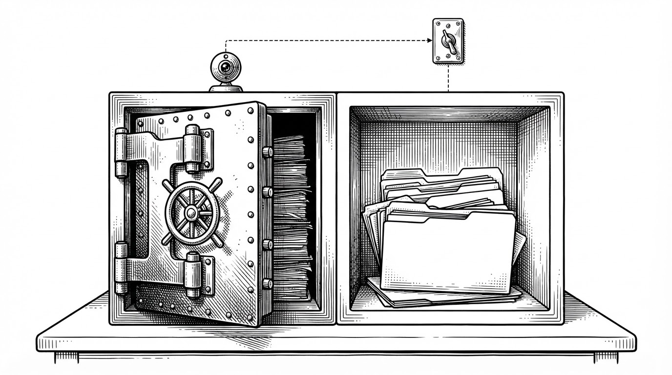 A split file cabinet shows two compartments. On one side, real files are being sealed behind a vault door. On the other, fake folders are stacked like bait on top of the cabinet. A webcam above sends a thin signal line to a switch that governs both compartments. It explains how the project turns unauthorized access into containment and misdirection.