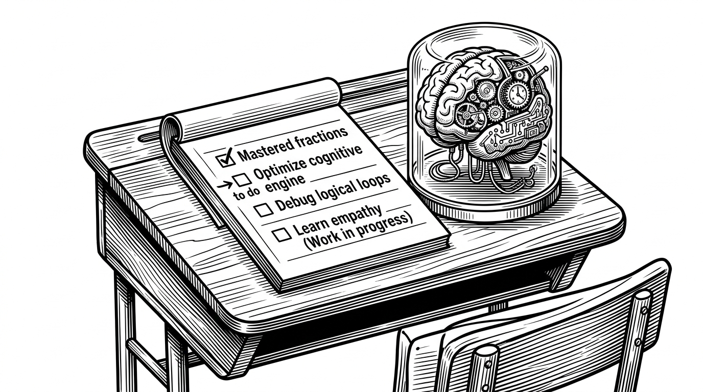 A traditional wooden school desk with a notebook open to a simple checklist. Next to the notebook sits a glowing, complex, mechanical brain in a glass jar. This contrasts basic devops education with advanced AI concepts.