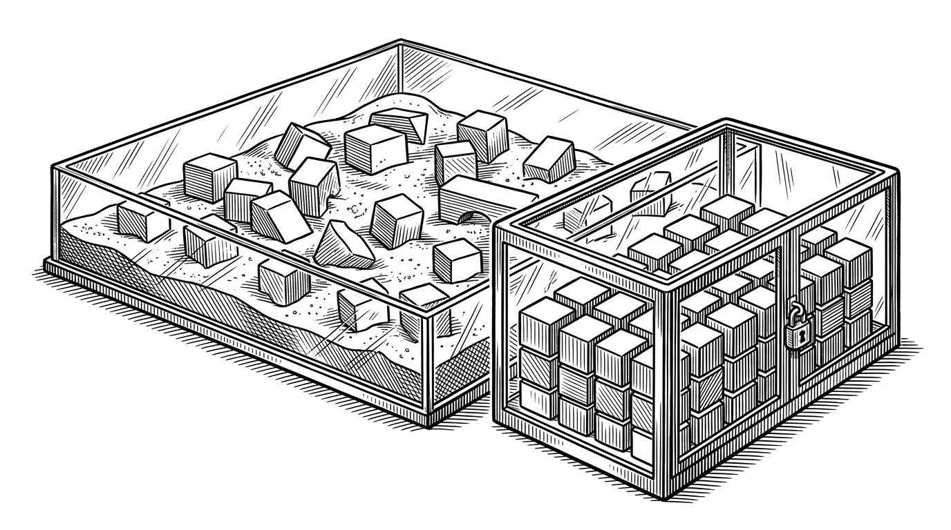 A glass sandbox containing building blocks, next to a locked glass case with an identical set of pristine blocks. This represents the safe, redundant learning environment.