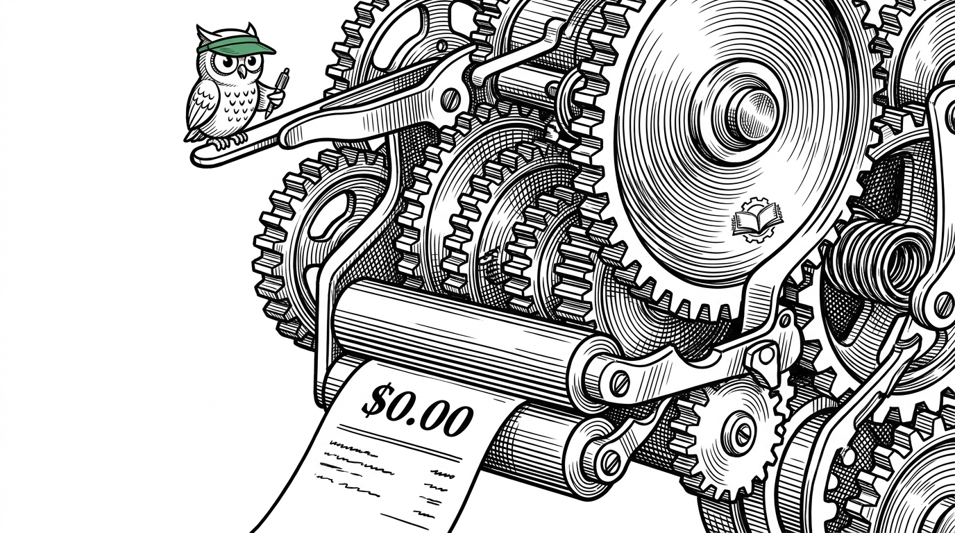 A close-up of a complex mechanical gear system outputting a single paper receipt that reads exactly $0.00. This illustrates the zero-cost hosting achieved through static exports and OIDC.