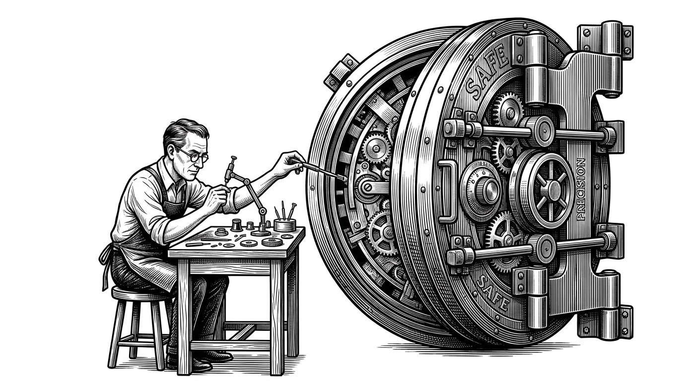 A wide shot of a watchmaker at a small desk assembling a massive bank vault door, symbolizing a solo developer building an enterprise system.