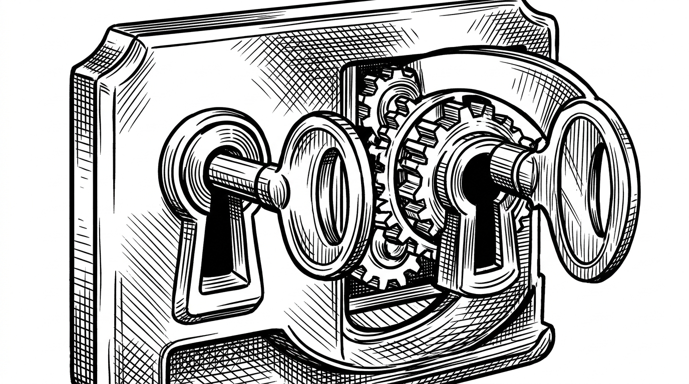 A close-up of a brass lock mechanism with two distinct keyholes, where turning the first key unblocks the path for the second.