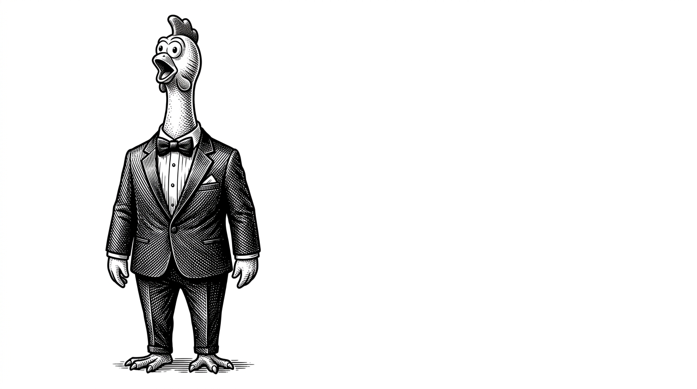 A perfectly tailored, high-end tuxedo worn by a rubber chicken, illustrating the dissonance of an enterprise stack used for a joke project.