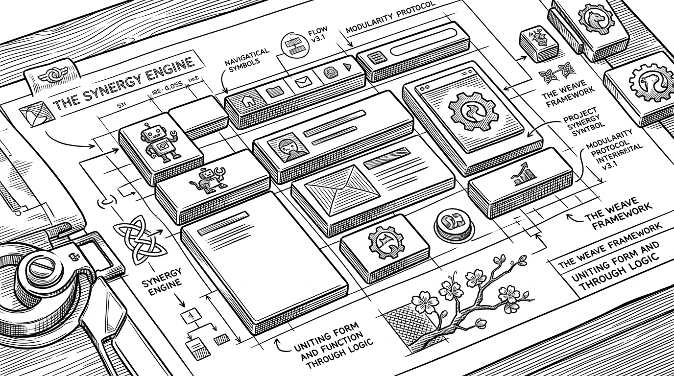 A close-up of a drafting table where a complex blueprint of a user interface is being snapped together using sleek, standardized magnetic blocks, representing rapid component-driven development.