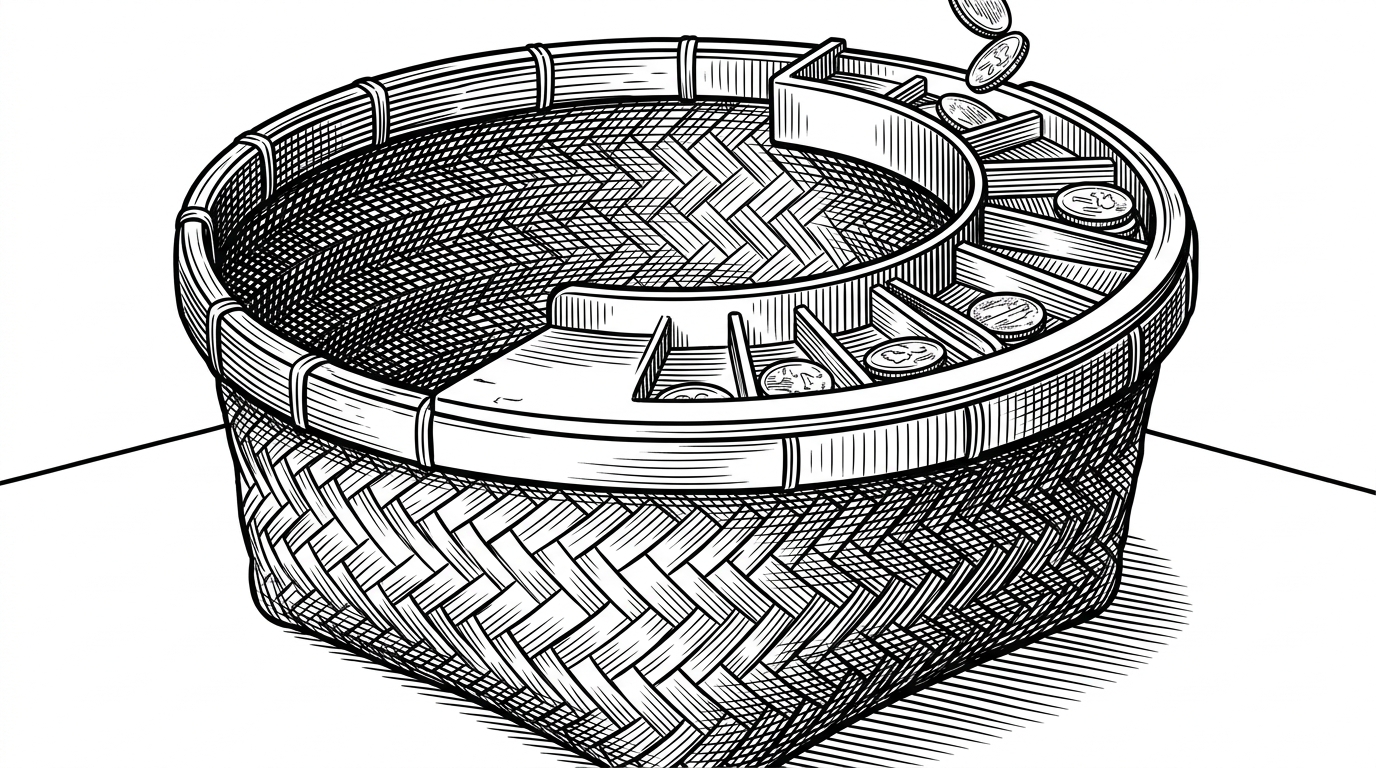 A traditional woven Malaysian basket with a sleek brass coin-sorting mechanism built into the rim, organizing coins as they drop.