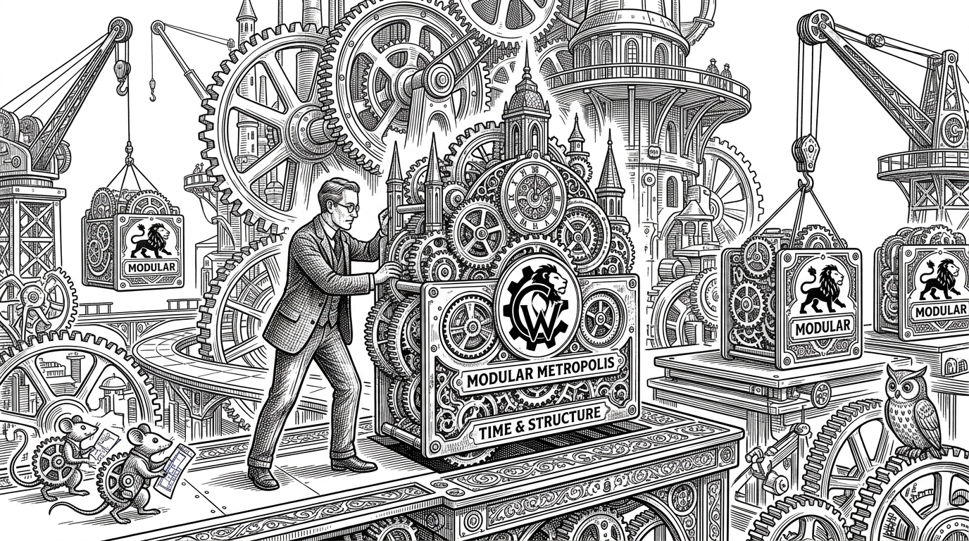 A lone architect sliding large brass modules into a clockwork city, representing the speed and modularity of building with FilamentPHP.