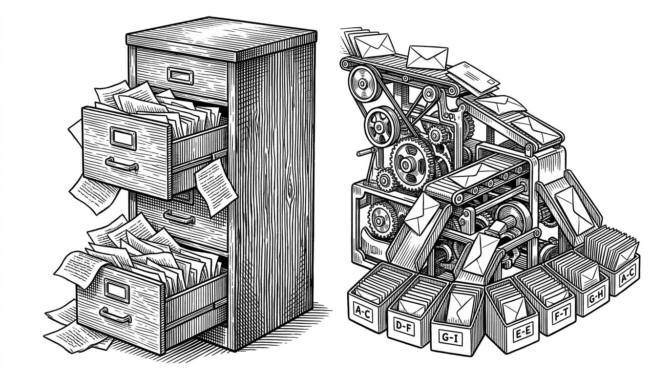 A traditional wooden filing cabinet overflowing with loose paper stands next to a sleek, clockwork sorting machine autonomously routing incoming envelopes into neat, labeled bins. This illustrates the transition from manual administrative chaos to self-serve, automated routing.