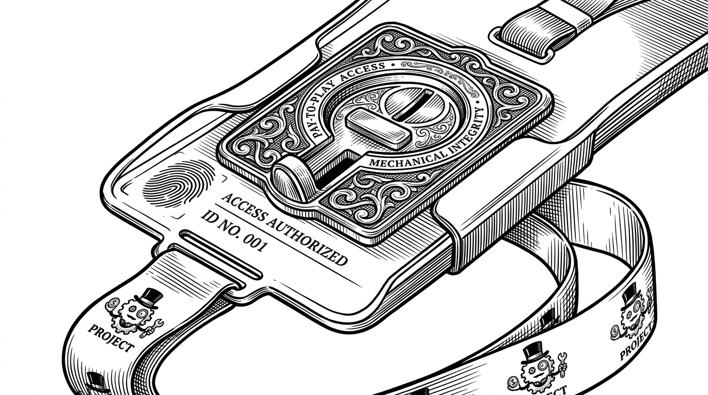 A close-up of a mechanical coin slot mechanism seamlessly integrated into the center of a physical ID card reader. A lanyard hangs from the card. This serves as a visual metaphor for the Laravel Cashier integration, showing the intersection of user identity and financial transactions.