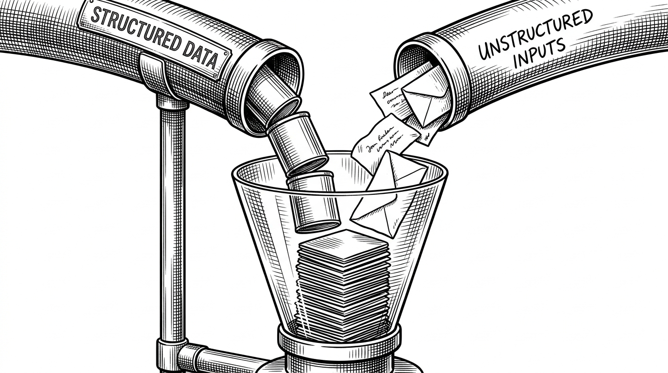 Two pneumatic tubes feeding different types of data canisters into a single glass hopper, illustrating the merging of official API data and crowdsourced reports.