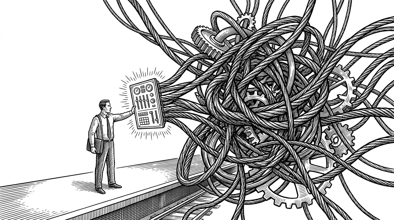A commuter holding a clean, organized control board against a tangled mess of heavy iron cables, representing the clarity of the open-source tracker versus official infrastructure.