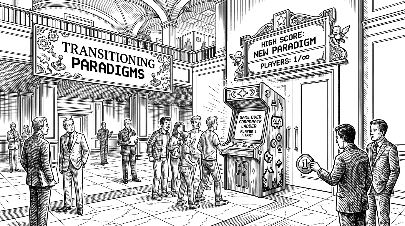 A grand corporate lobby where the exit doors are replaced by a glowing wooden arcade cabinet, representing the gamification of resigning from a job.