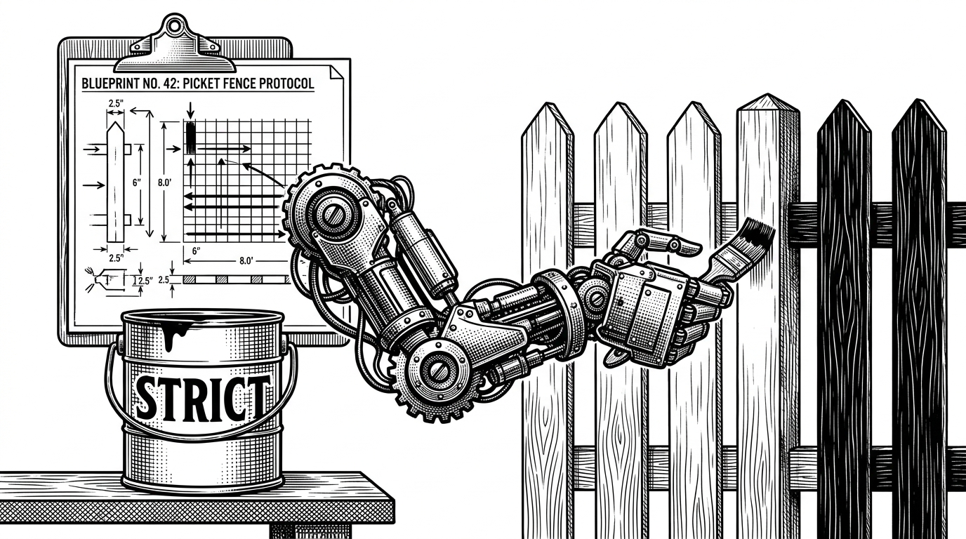 A close-up of a robotic hand painting a white picket fence, guided strictly by a blueprint clipboard.