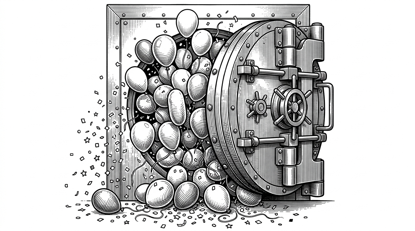 A heavy industrial bank vault door left slightly ajar, filled with party balloons and confetti instead of money.