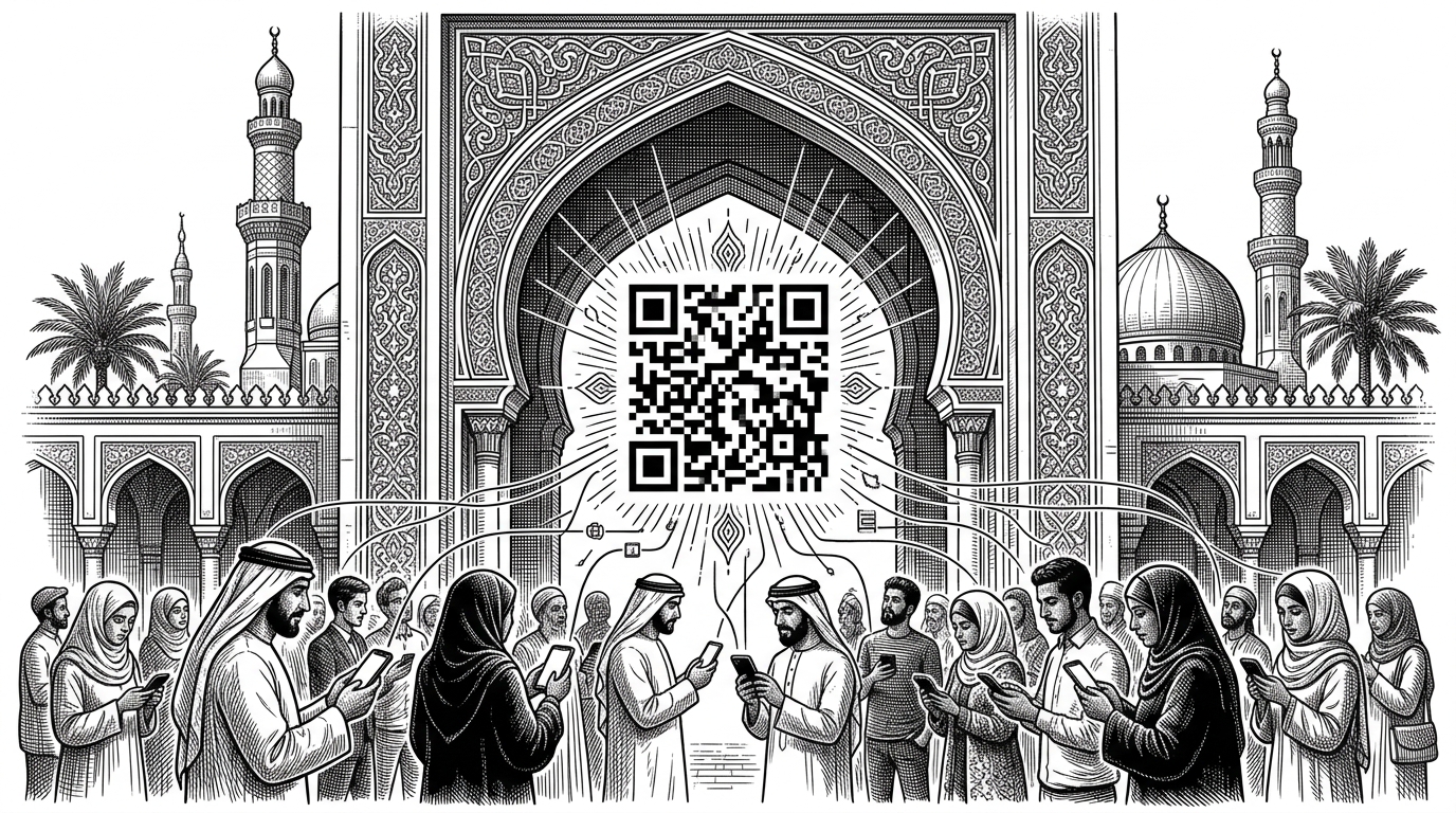 A wide shot of a traditional mosque archway with a glowing QR code floating in the center, connected by thin digital lines to smartphones held by people below. It illustrates the bridging of traditional physical giving with digital accessibility.