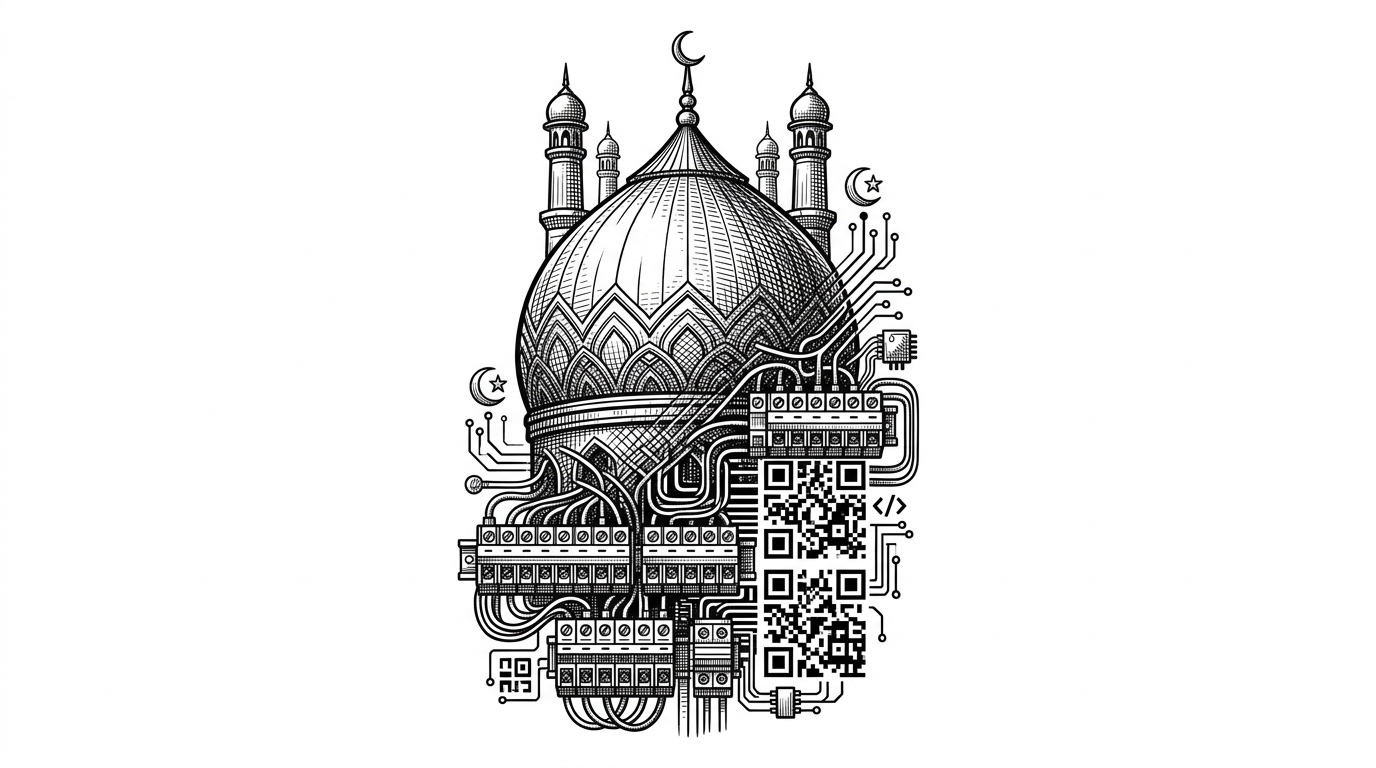 A traditional mosque dome seamlessly morphing into a rigid grid of terminal blocks and QR code patterns, illustrating the blend of cultural philanthropy and command-line technology.