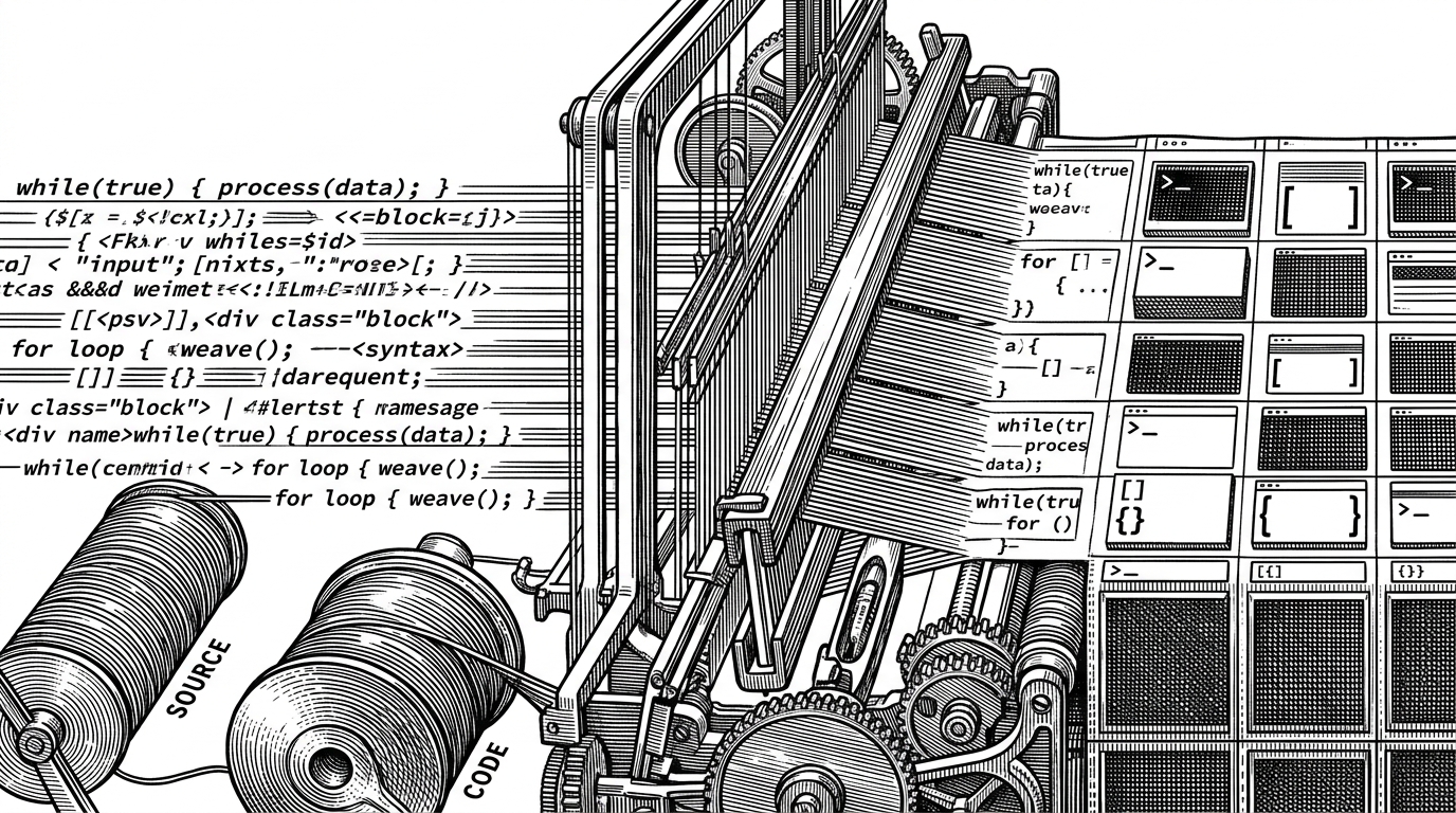 A close-up of a mechanical loom weaving horizontal threads made of code into a rigid tapestry of square terminal blocks.