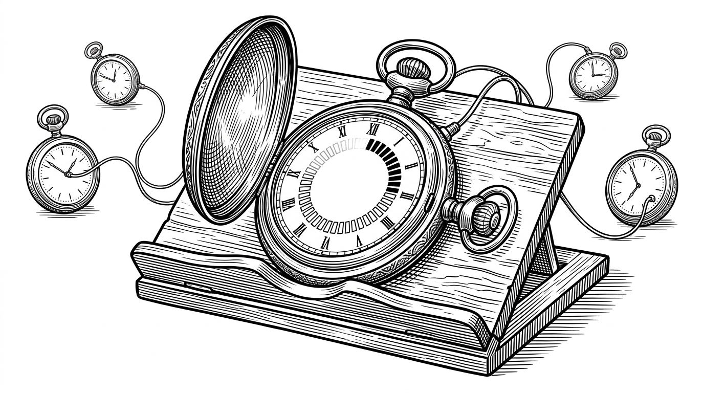 A classic mechanical pocket watch on a carved wooden book stand, displaying a glowing progress bar instead of hands, connected by wires to other watches. This represents the real-time syncing of the traditional reading practice.