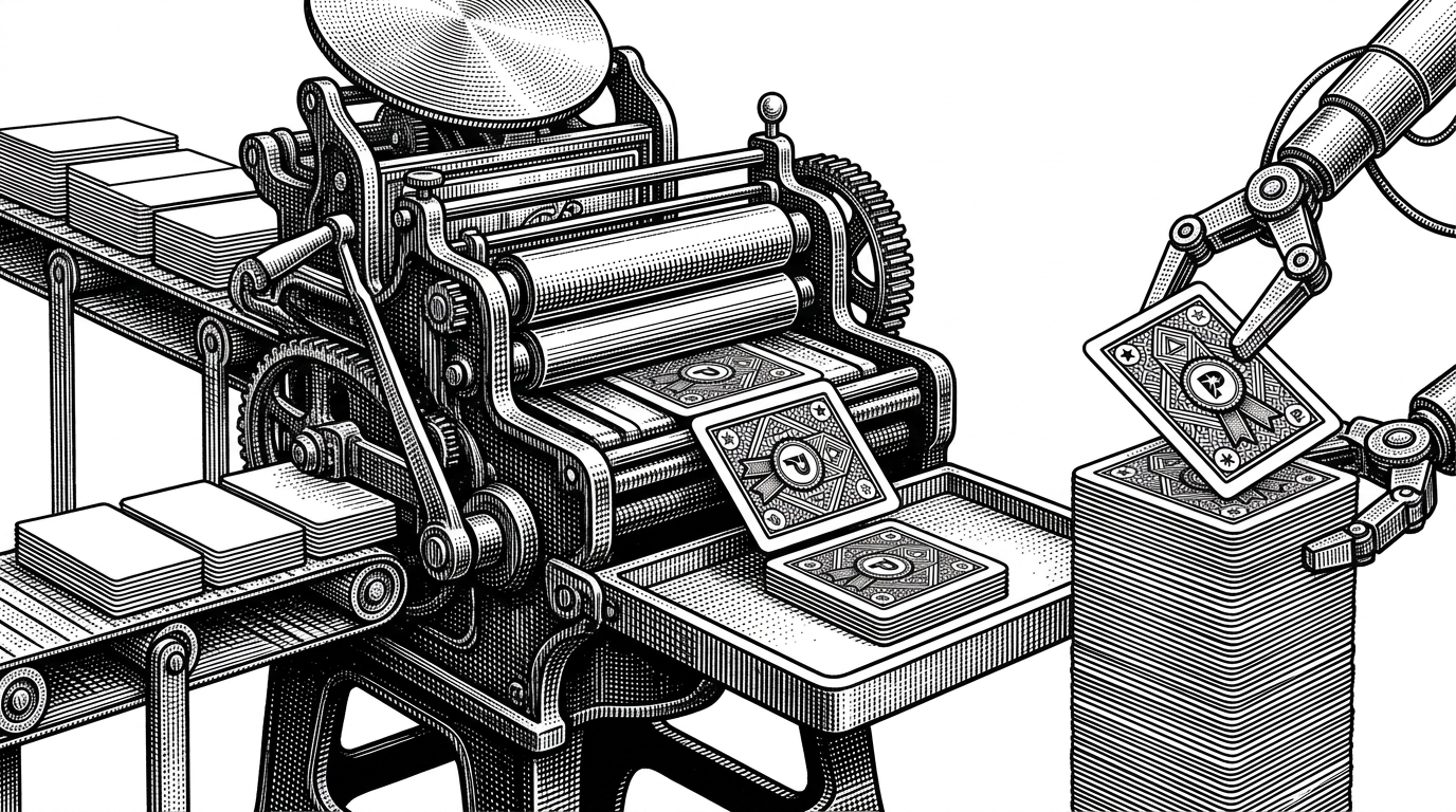 An antique cast-iron printing press stamping out identical, rigid playing cards with geometric patterns and ribbon seals. A mechanical arm stacks the cards. This represents the Canvas API generating shareable snapshot images.