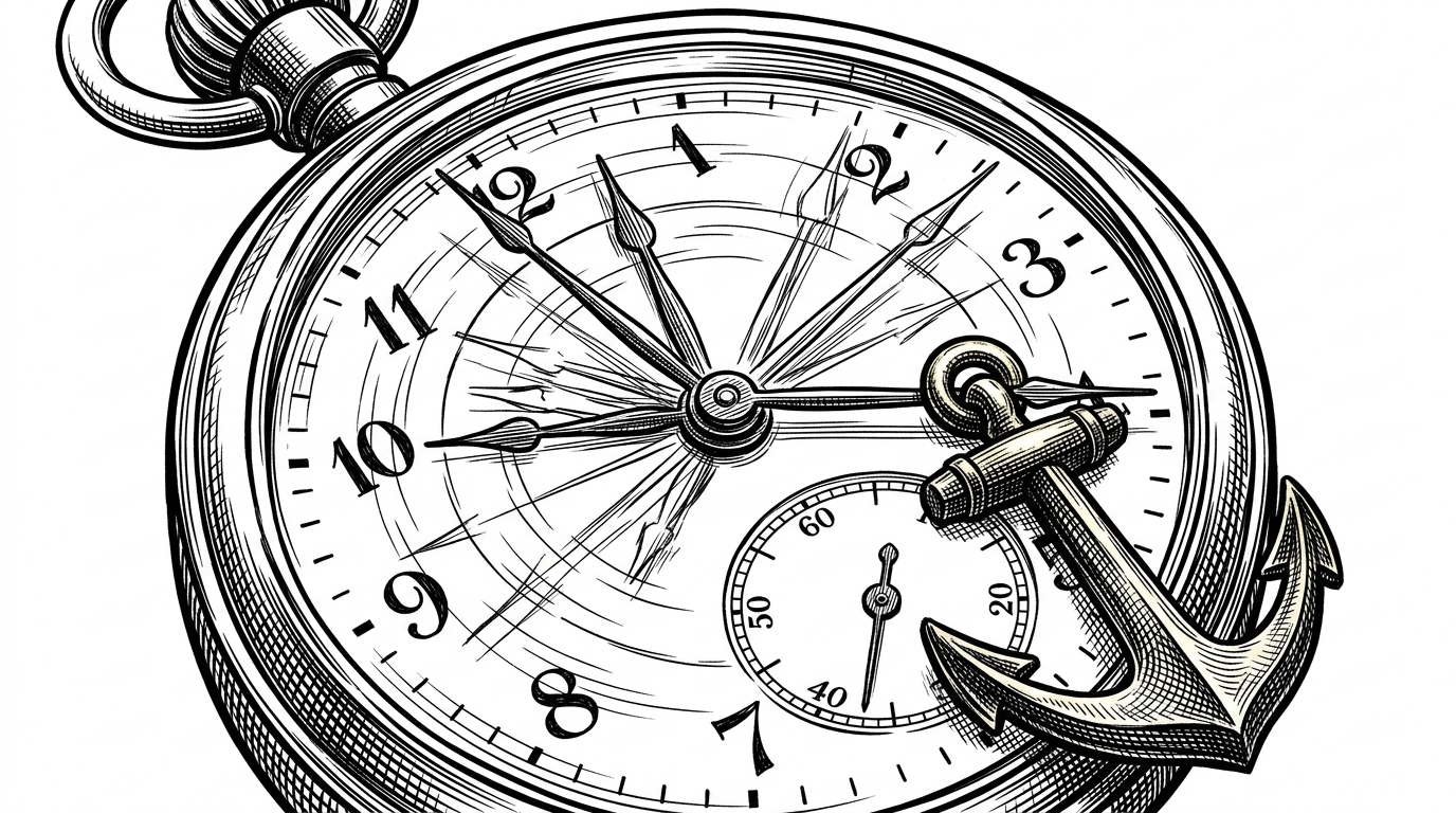 A close-up of a pocket watch with multiple blurred hands, and one hand held still by a heavy brass anchor.