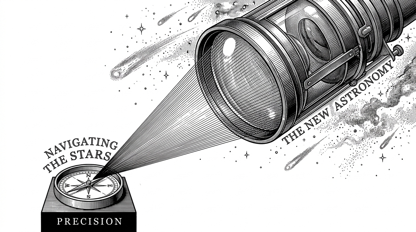 A wide shot depicting a massive telescope lens focusing starlight onto a compass needle.
