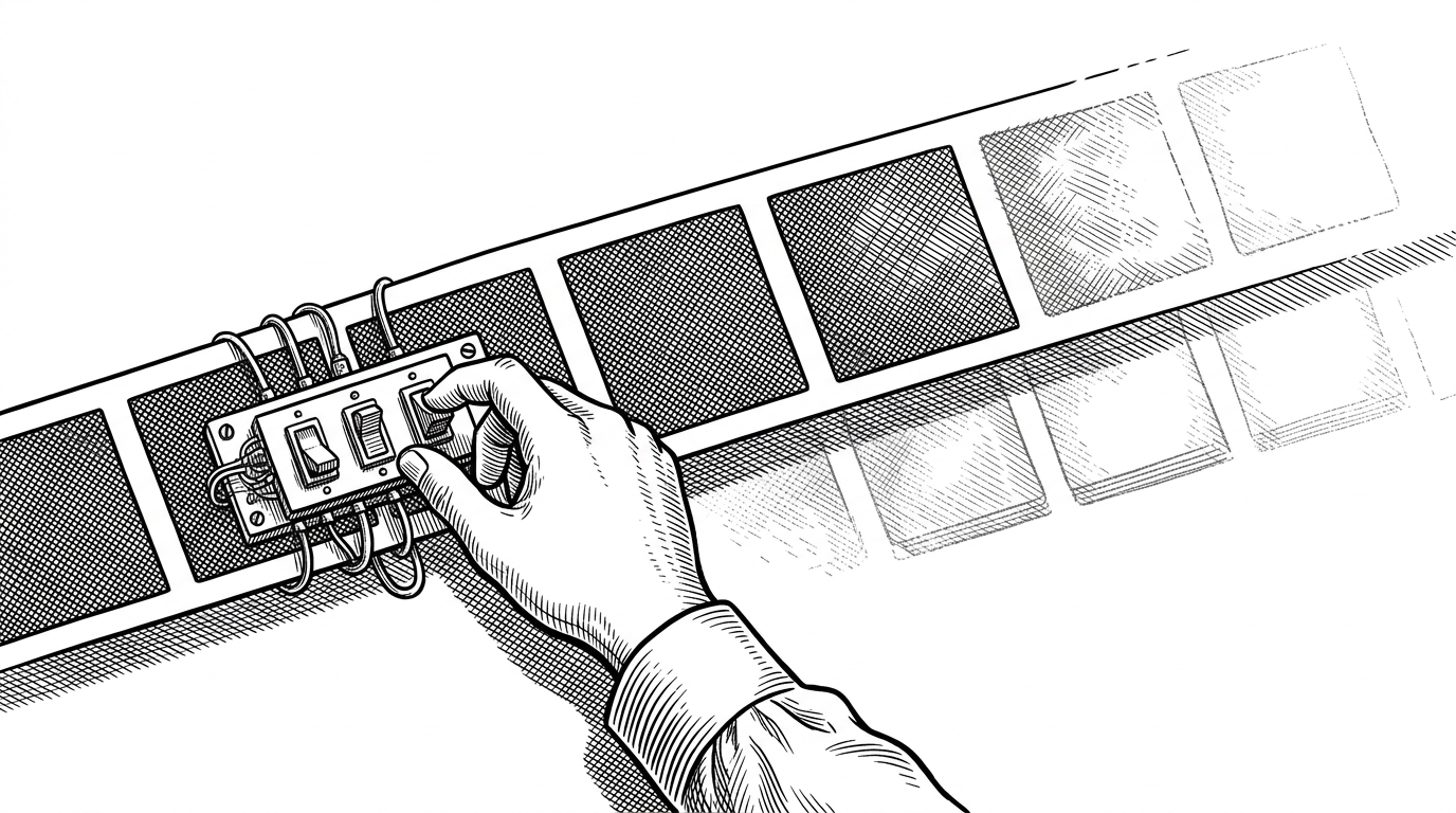A close-up strip of memory pages flashing briefly and then fading into a faint afterimage while controls suggest load, unload, and resident states. The image explains why the UI preserves transient memory events long enough for the human eye to catch them.