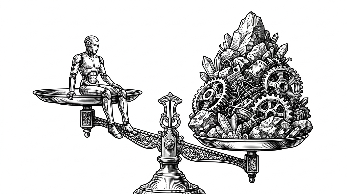 A physical balance scale tipping under the weight of raw materials compared to a finished robot, illustrating supply chain leverage.