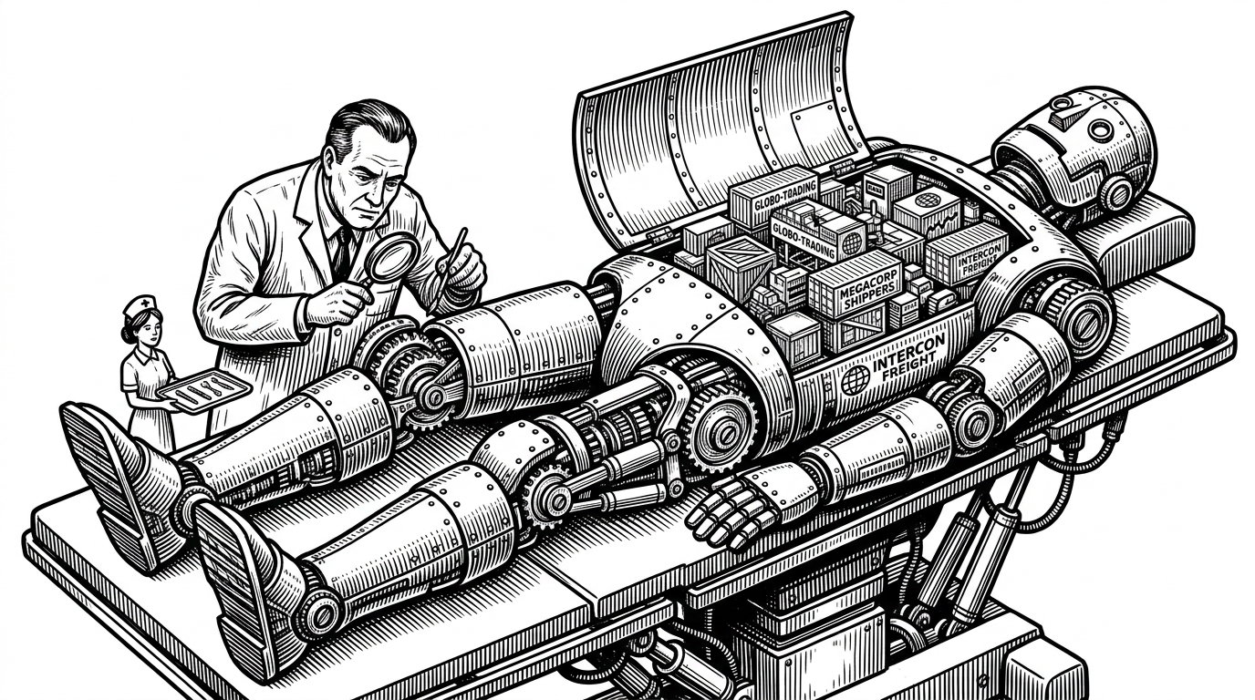 A giant mechanical humanoid lying on an operating table being inspected. Its internal cavities are filled with tiny shipping containers and corporate logos, representing the global supply chain.