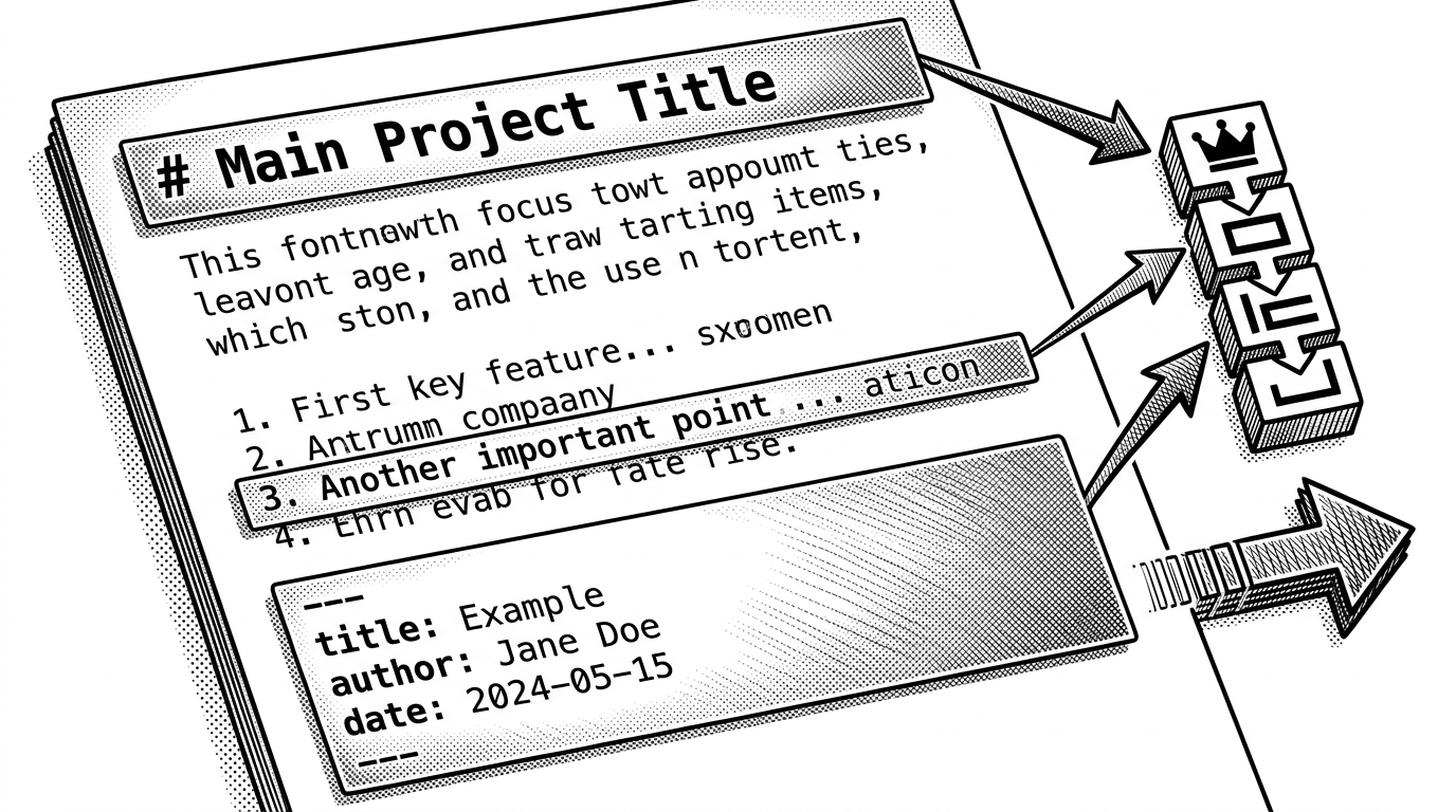 A close-up diagram shows three transparent layers over a Markdown document. One layer highlights a top-level heading, another highlights a list item, and a third highlights frontmatter. A rule stack to the side determines which selection wins and how the output string is assembled.