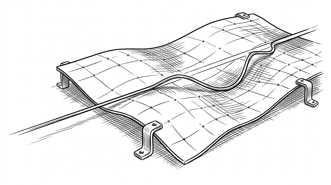 A close-up black-ink illustration of a straight motion line passing through a warped grid and bending into small corrective increments. It explains how Klipper transforms a move through an Extras module instead of replacing the core motion engine.