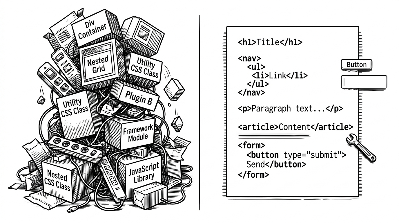 A tangled pile of component boxes on one side contrasts with a clean semantic page and a tiny adjustment tool on the other. It shows the difference between framework-heavy UI and Oat's browser-first approach.