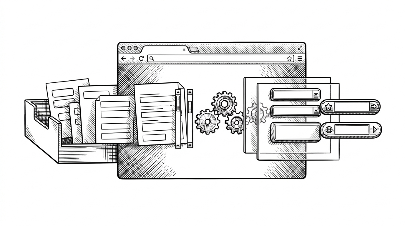 A wide browser window sits at the center while raw semantic controls enter from one side and polished UI emerges from the other. It explains Oat UI's core idea: the browser and CSS do most of the work, while JavaScript stays small.