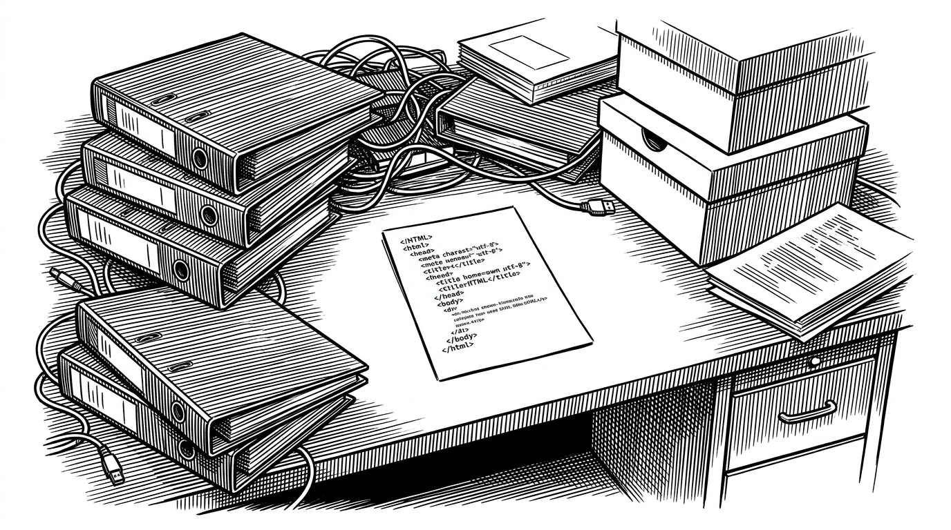 A cluttered desk of frontend stacks gets pushed aside by a simple HTML page on a clean surface. It visualizes the author's frustration with bloated UI libraries and the case for restraint.