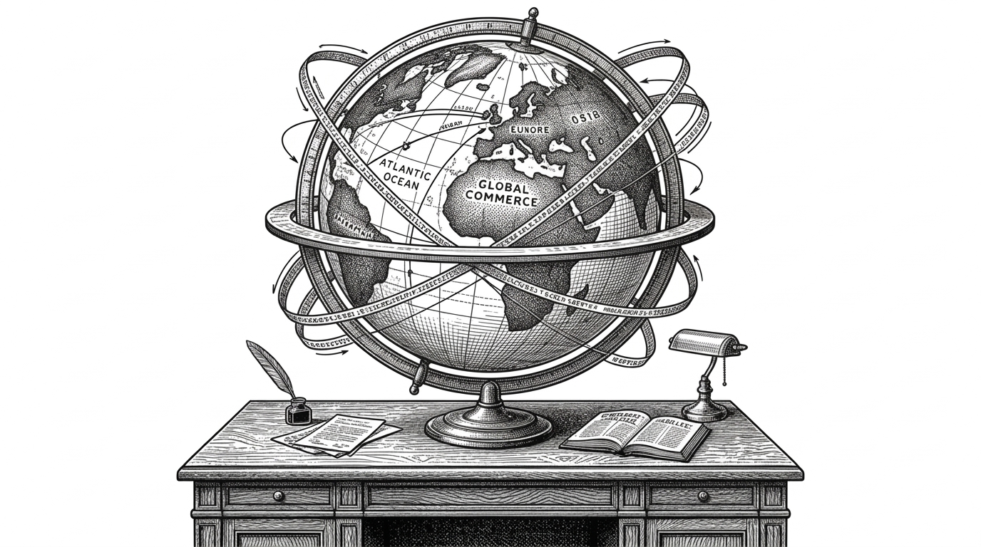 A massive antique globe wrapped in a tight web of glowing flight paths and data ticker tapes, representing the dense global intelligence streams rendered by World Monitor.