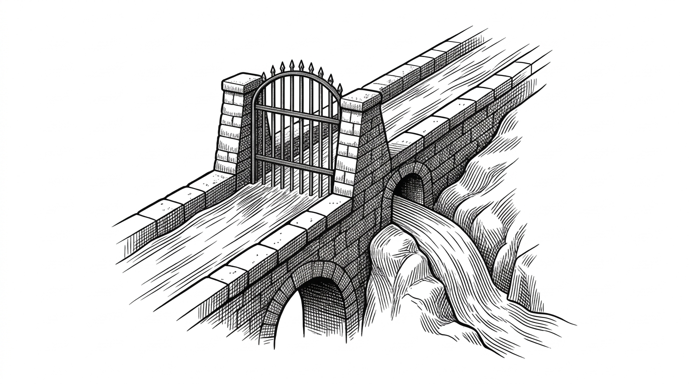 A heavy stone aqueduct diverting water into a hidden spillway when the main channel is blocked, symbolizing the Edge-to-Relay fallback system.