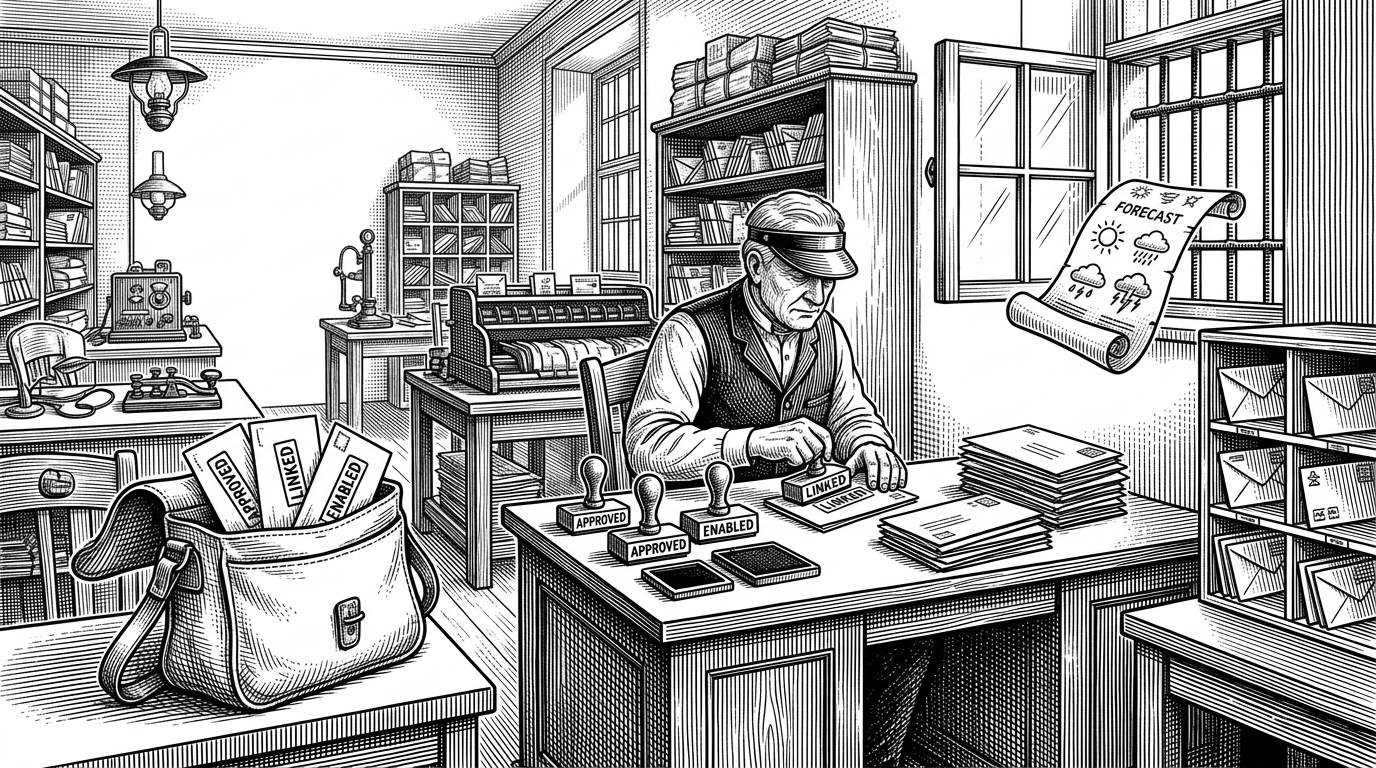 A locked post office sorting room where weather reports arrive on one side and only approved envelopes pass through to a messenger pouch on the other. Three stamps control the flow, showing how identity, approval, and delivery are separate steps in the system.