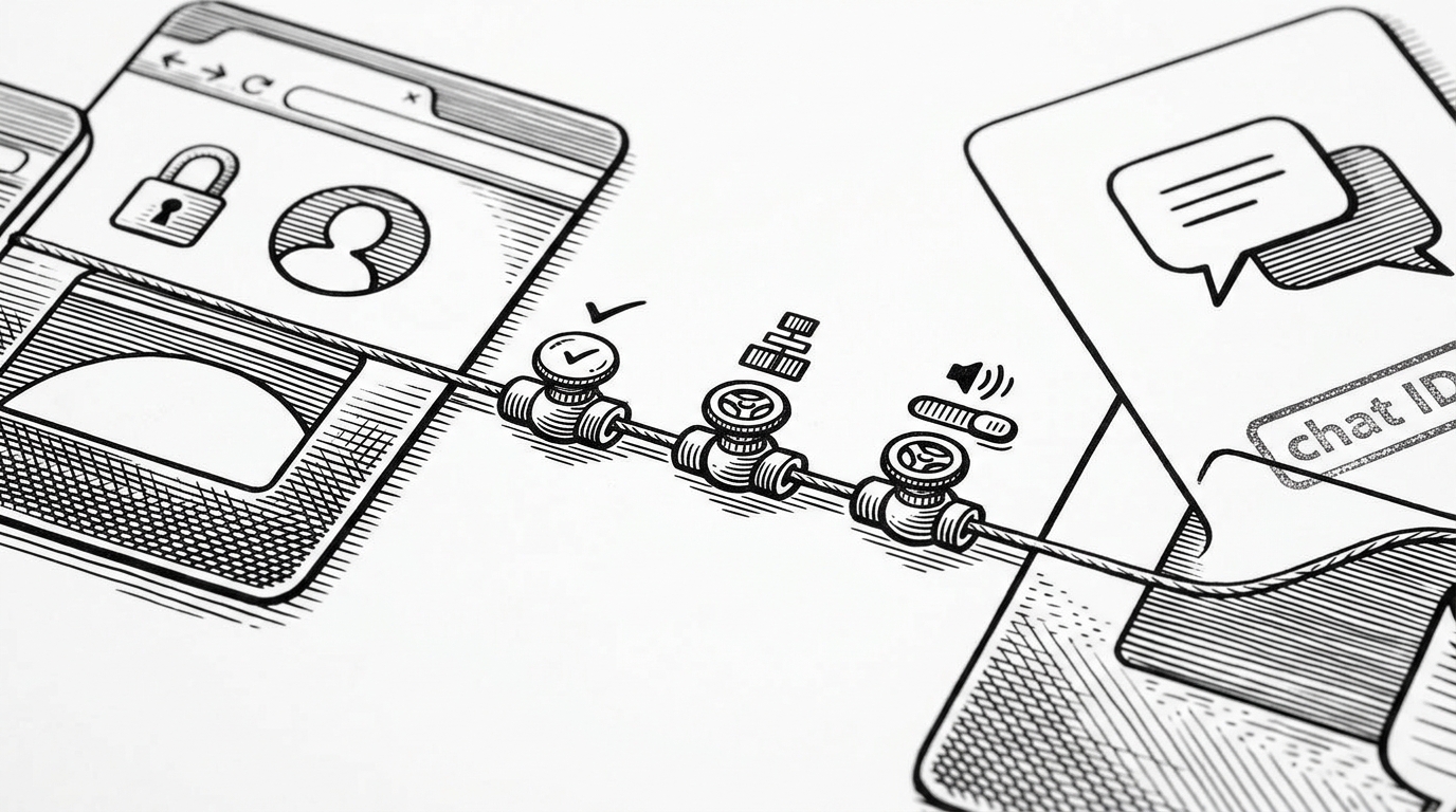 A close-up of two connected identity cards joined by a thin thread. One card represents a browser session, the other a Telegram chat, with three small valves between them showing approval, registration, and notification control.
