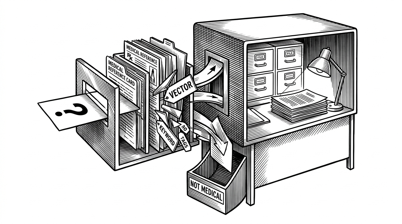 A question card moves toward a clinical triage gate made of stacked reference cards and keyword shards. One path continues into an answer chamber, while the other drops into a rejection chute. The scene explains that the system uses retrieval proximity as admission control, not just as search.