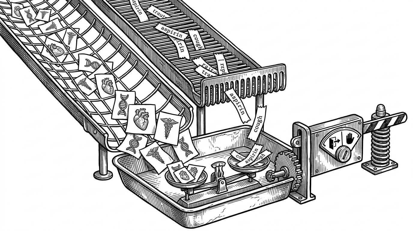 Two parallel tracks feed a single tray. One track is a semantic net labeled FAISS that pulls in conceptually related medical chunks. The other is a keyword comb labeled BM25 that catches exact terms like drug names and symptom phrases. The tray then passes through a threshold before the system answers or refuses.